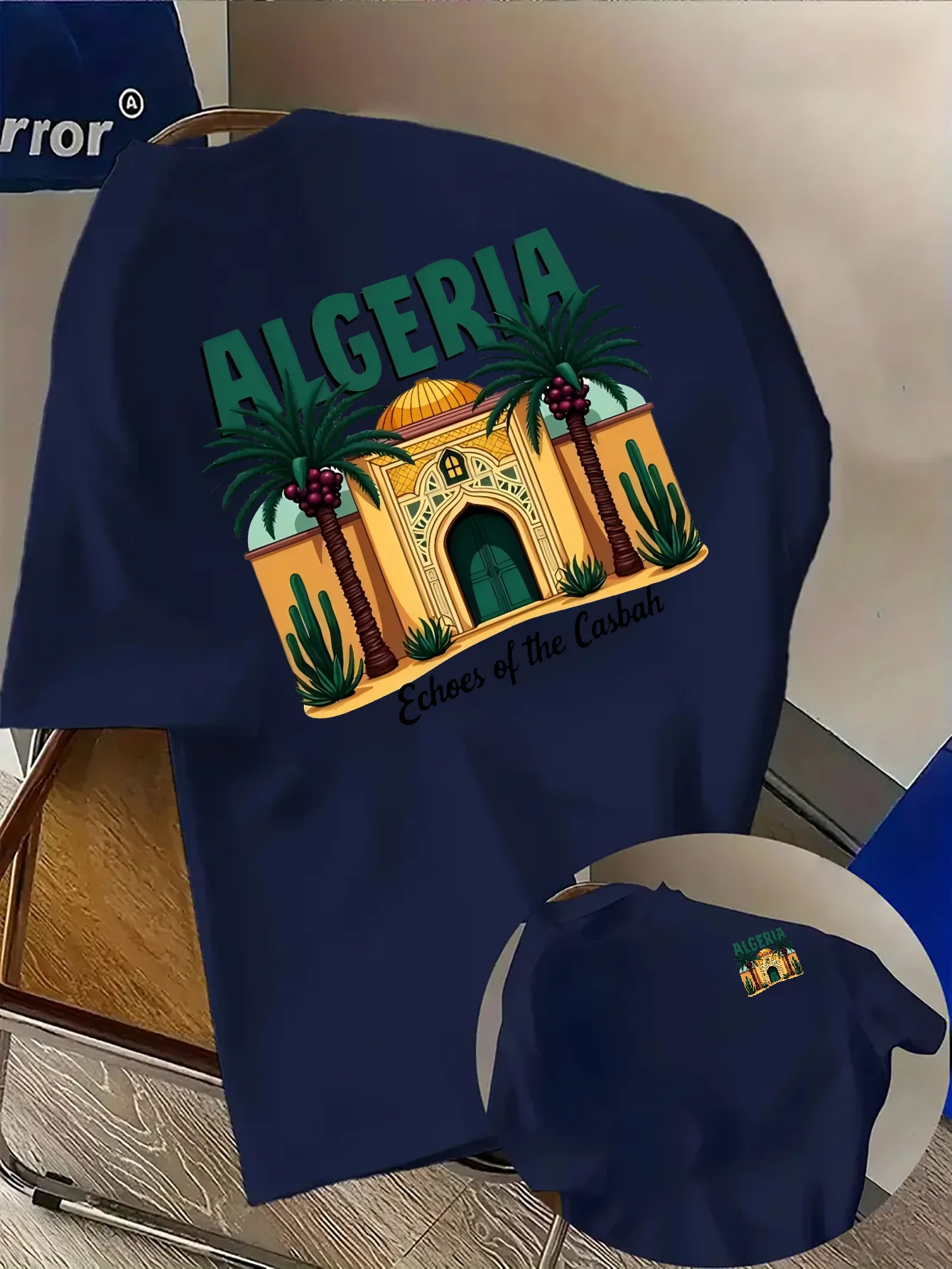 Vibrant Algeria Themed Tee with Casbah Architecture and Palm Tree Graphic Print 100% Cotton Men's T-shirt Summer Casual Wear