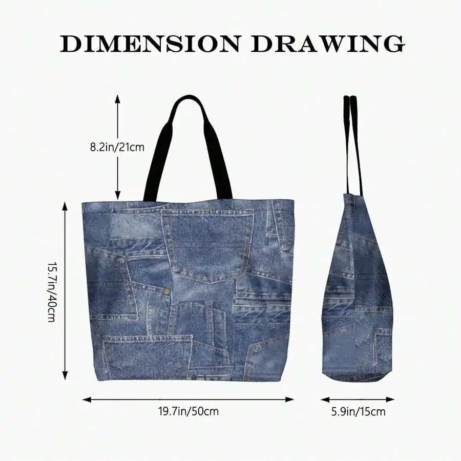 

Denim Patchwork Canvas Tote Bag Women’s Stylish Shoulder Bag With Front Pockets And Long Handles