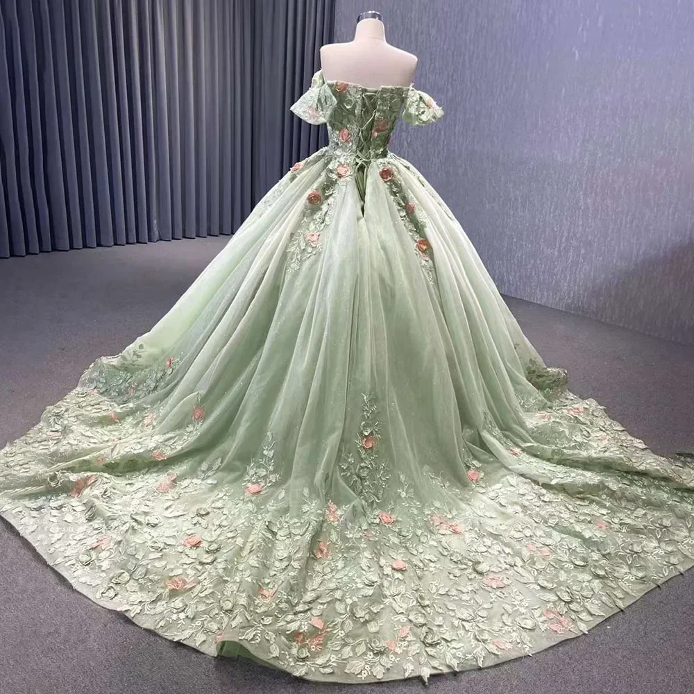 Sage Green Appliques abiti da sposa da donna eleganti con spalle scoperte fiori abiti da ballo Fashion Court Train abiti da sposa