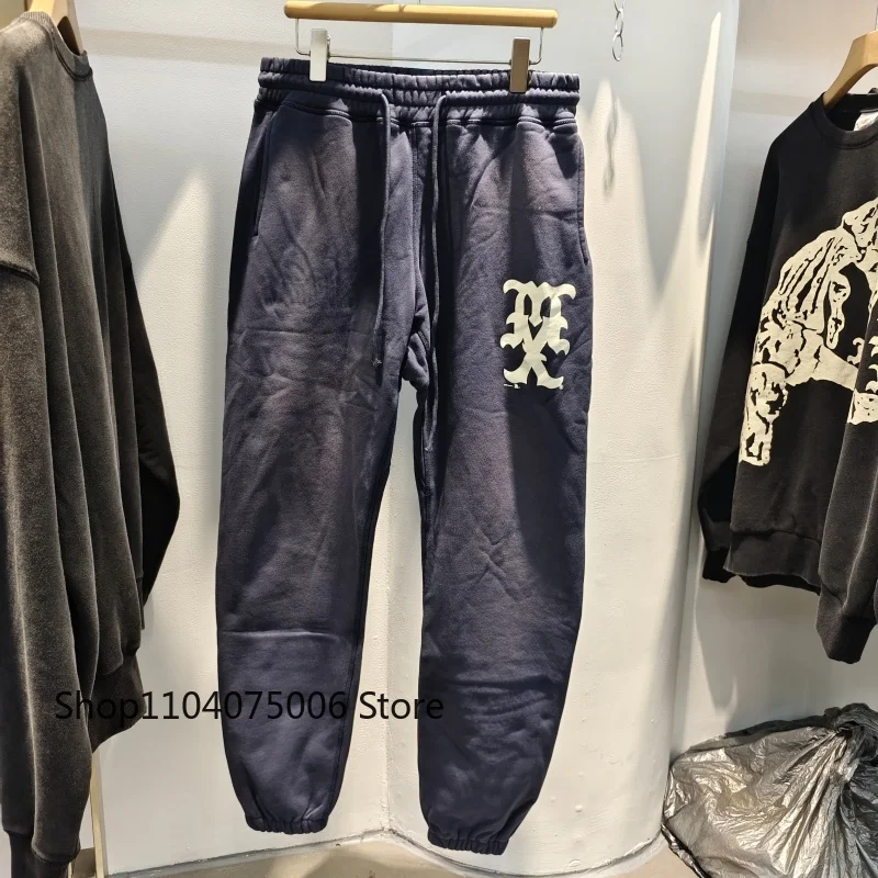 

2025 Retro Washed Blue Men's Sweatpants Saint Winter Fleece-Lined Elastic Cuff Joggers Warm Casual Sports Trousers