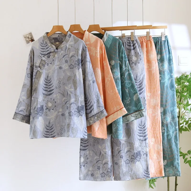 Zen Style Women's Cotton Jacquard Pajama Set Breathable 2pc Home Wear Suit with Slanted Placket Elegant Loungewear for Mom
