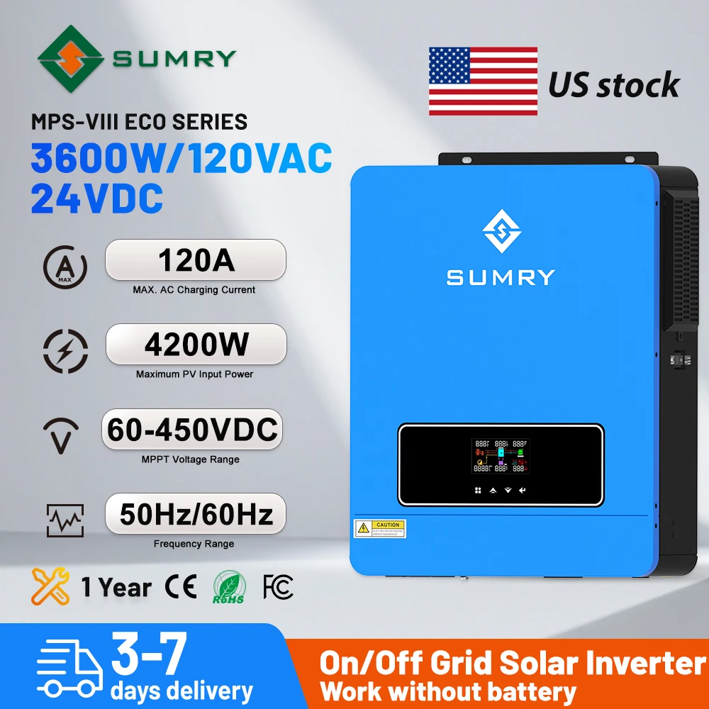 SUMRY 3.6KW 24V 120V Solar Inverter Pure Sine Wave Off Grid MPPT 110A Controller Charger 120A for Home Use