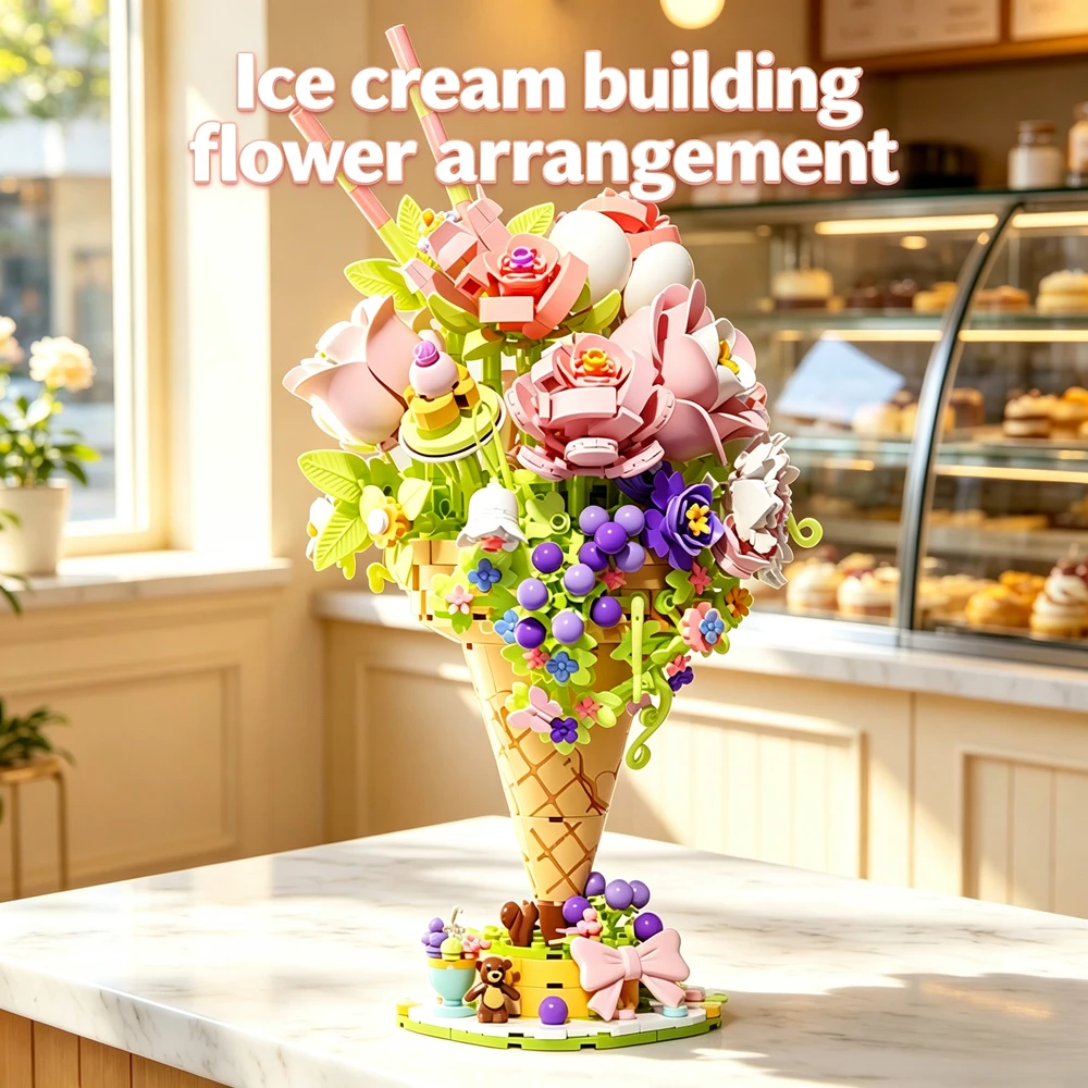 DIY Ice Cream Cone Flower Bouquet Building Block Model Simulated Floral Arrangement Puzzle Bricks Toy Creative Decorative Piece