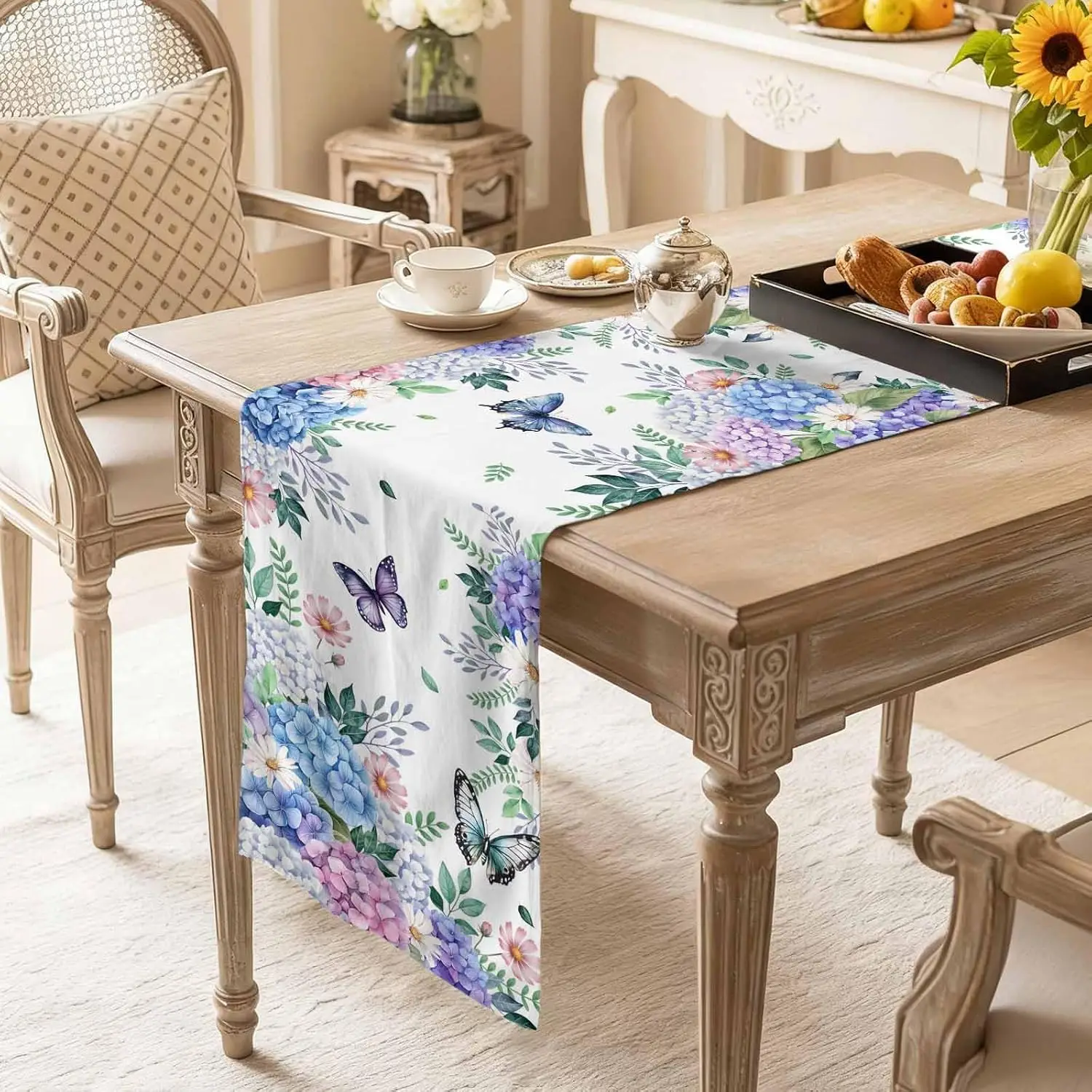 Spring Hydrangea Floral Butterfly Linen Table Runner Party Decor Farmhouse Kitchen Dining Table Runner Wedding Decorations