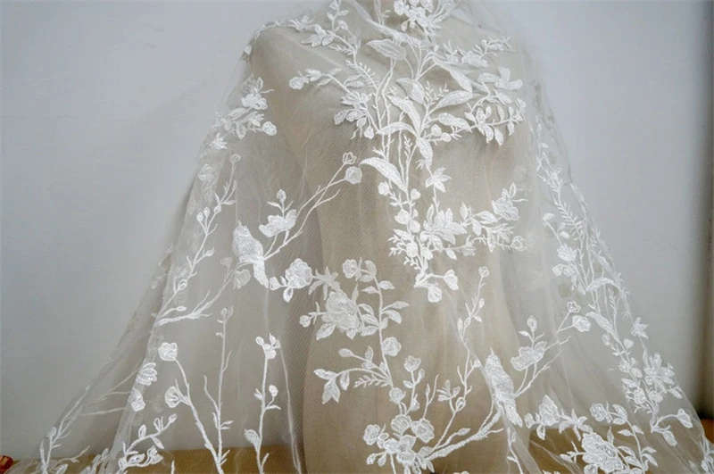 1 yard Exquisite Ivory Bridal Lace Fabric with Clear Sequins Flowers applique for Wedding dress/evening/show Bridal Gown