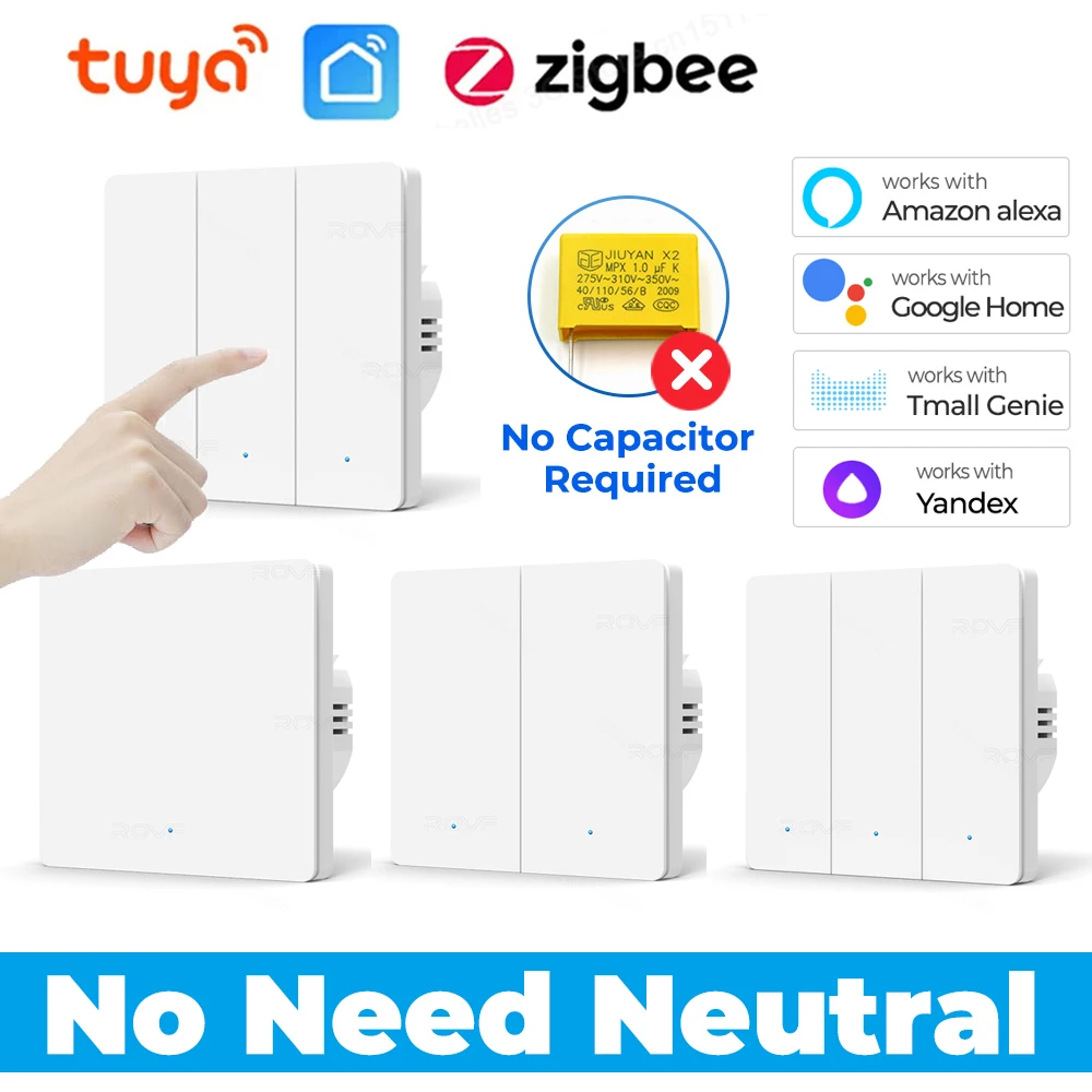 1/2/3gang Tuya EU Zigbee3.0 Smart Switch No Neutral Wire Wall Light Switch Push Button Smart Life APP Works with Alexa Google