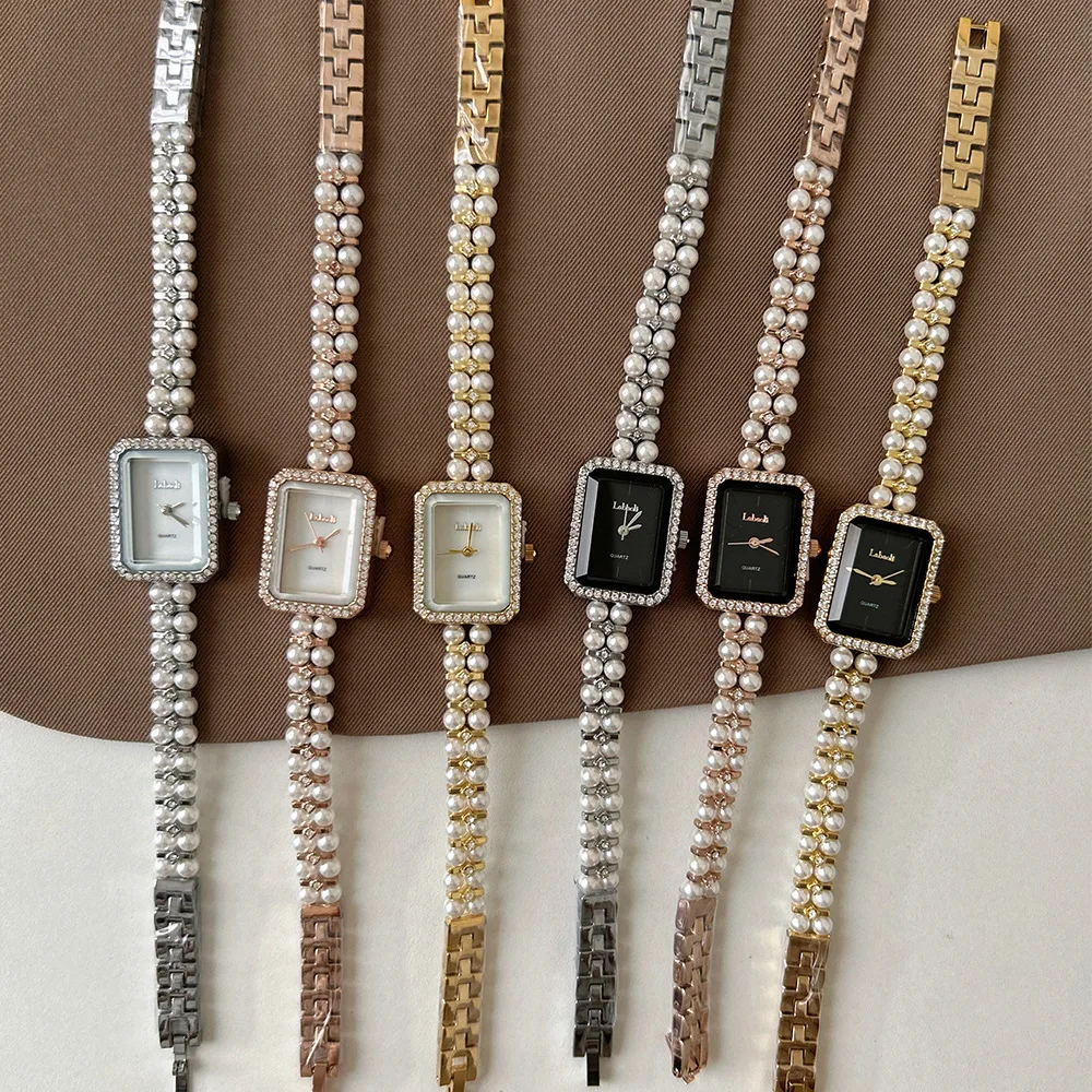 

Elegant women's wristwatch, small mother-of-pearl dial, square watch accessory with pearl chain, a perfect gift for ladies.
