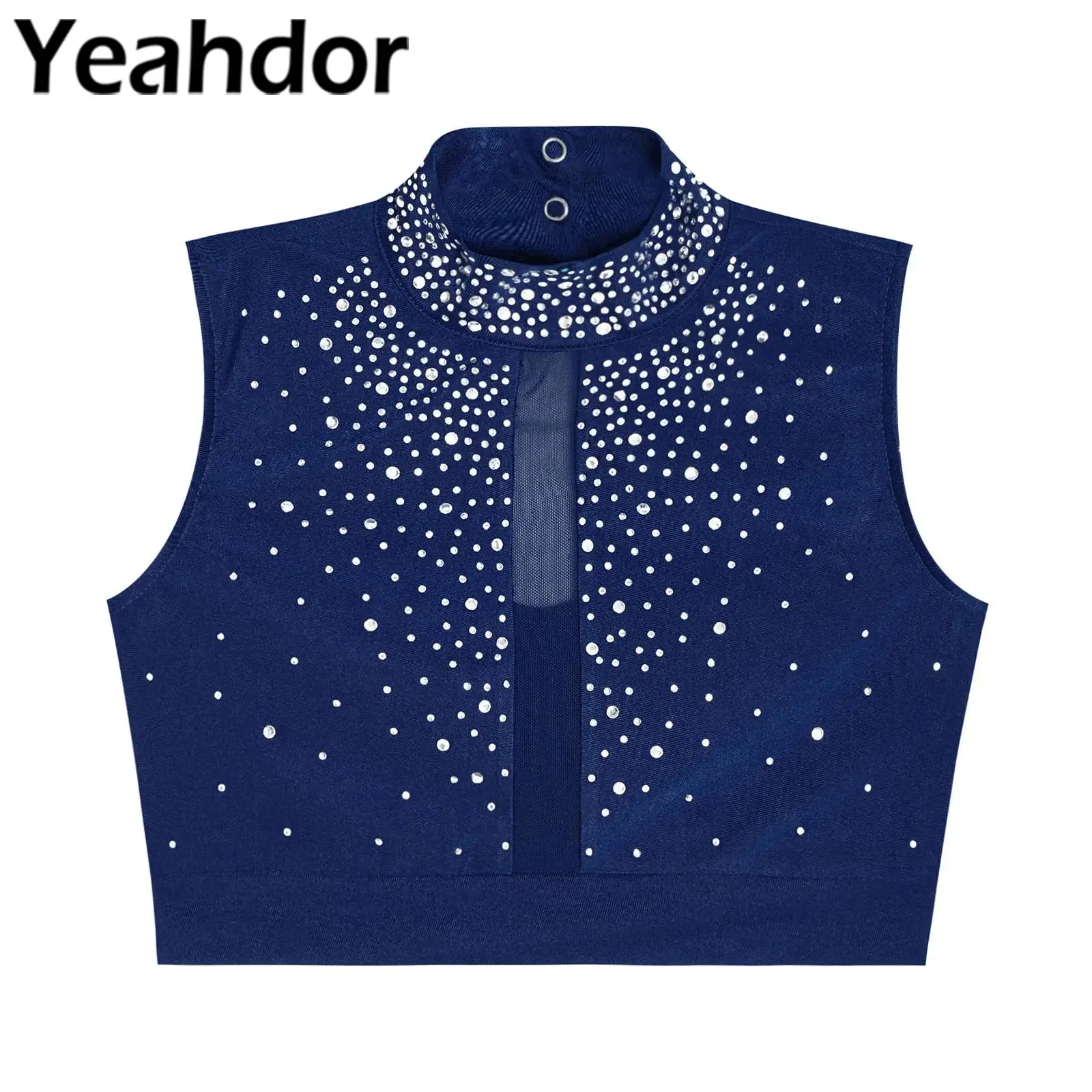 

Детский лирический современный танцевальный костюм для фигурного катания, детский сетчатый укороченный топ с блестящими стразами для девочек, танцевальная одежда для выступлений на сцене