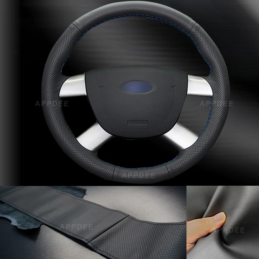 APPDEE Black Genuine Leather Hand-stitched Car Steering Wheel Cover for Ford Kuga 2008 2009 2010 2011 Focus 2