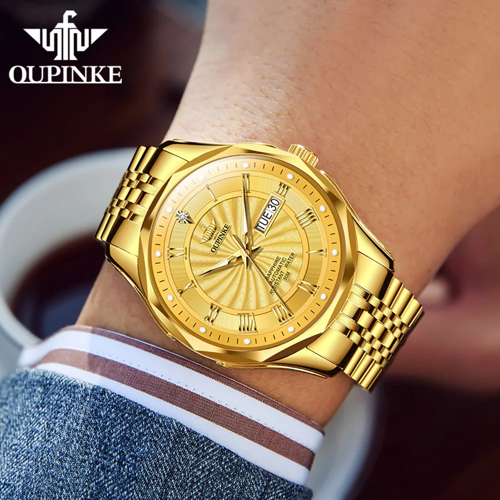 OUPINKE Real Diamond Automatic Watch for Men Swiss Movement Sapphire Crystal Mirror Waterproof Luxury TOP Brand Gold Wristwatch