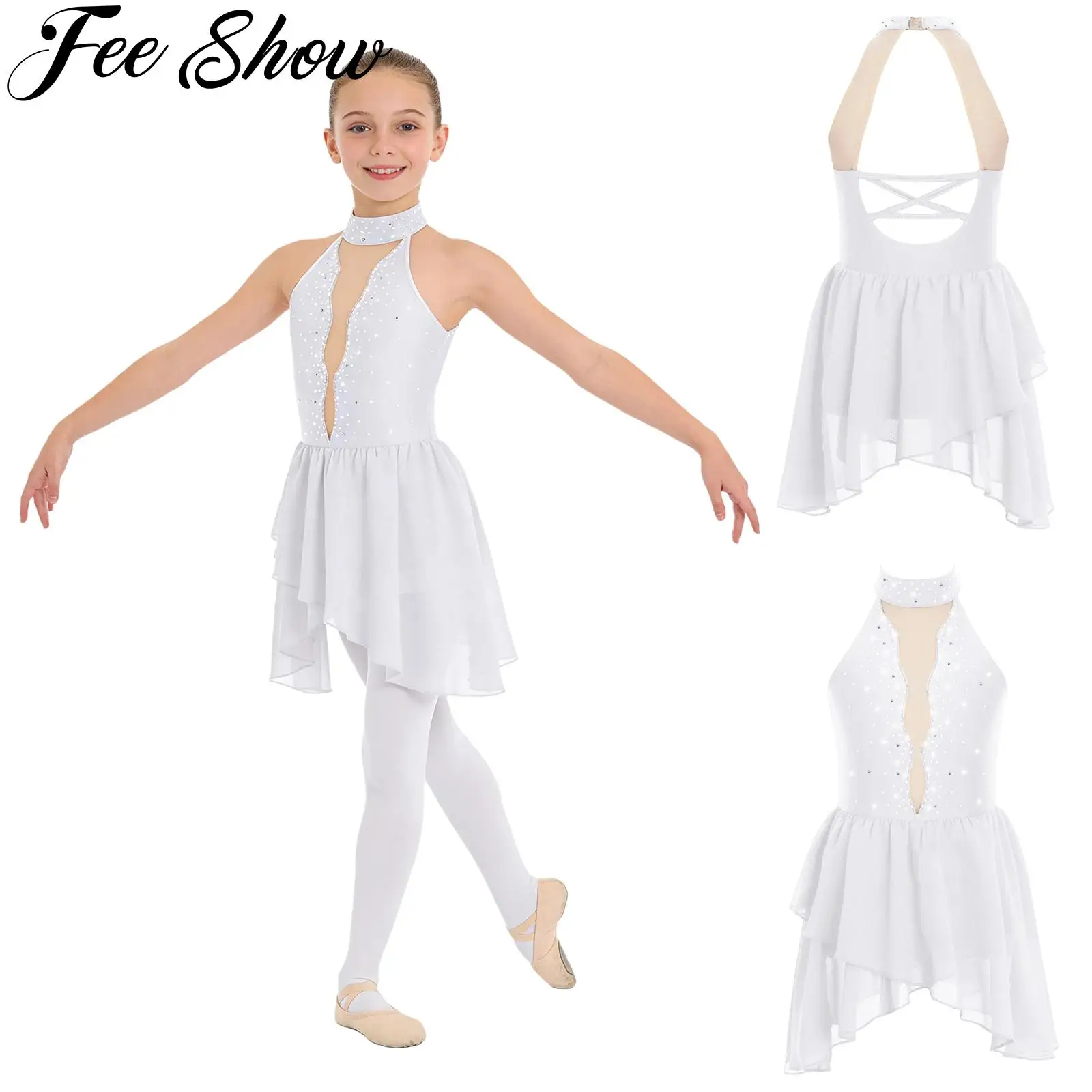 Kids Girls Shiny Rhinestone Ballet Jersey Lyrical Dance Dress Sleeveless Sheer Mesh Artistic Figure Skating Gymnastics Costume