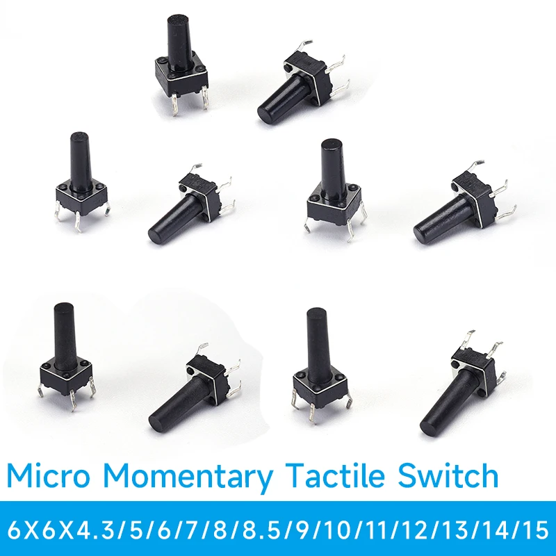 50pcs Micro Momentary Tactile Switch 6X6 12V 4PIN DIP Push Button Pack Various Sizes 4.3-15MM for Electronics