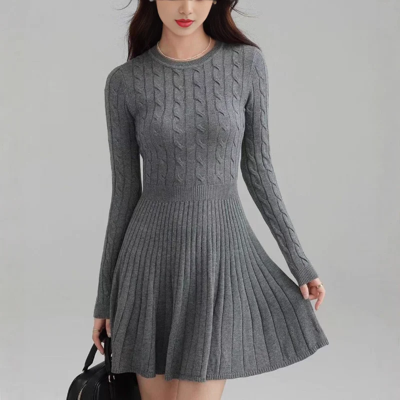 French  Vintage Wine Knit Waist Dress Autumn Winter Women's Simple Versatile Elastic Bottoming Gray Black Lady Sweater Dress