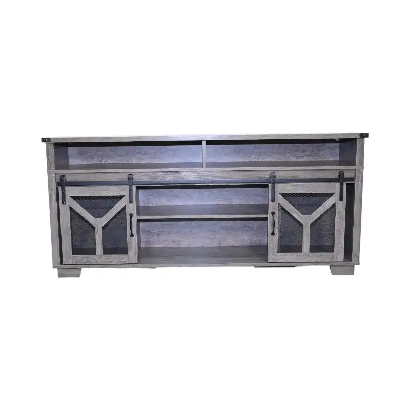 Soporte para TV de 65,3" con tiras de luz LED y puerta de granero de malla de hierro, estilo granja gris campestre