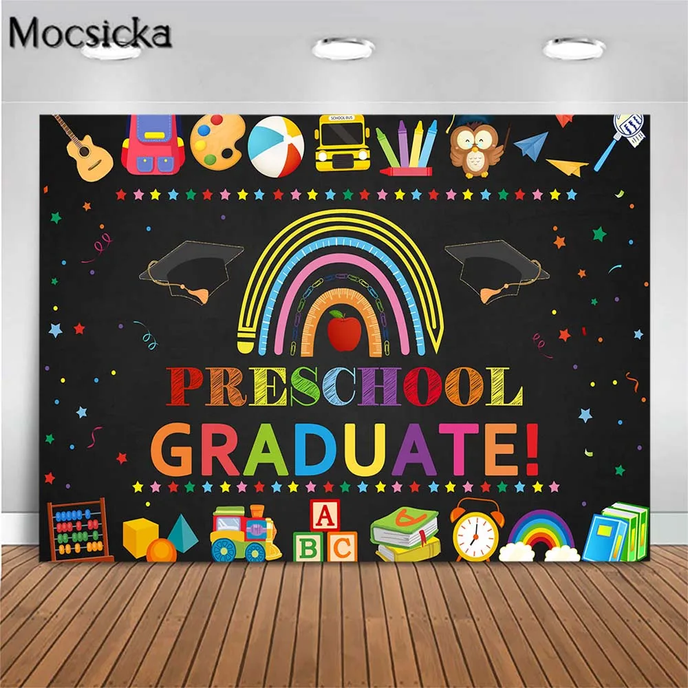 Preschool Graduate Graduation Backdrop for Photography Rainbow Paintbrush Kindergarten Congrat Grad Party Decor Photo Background