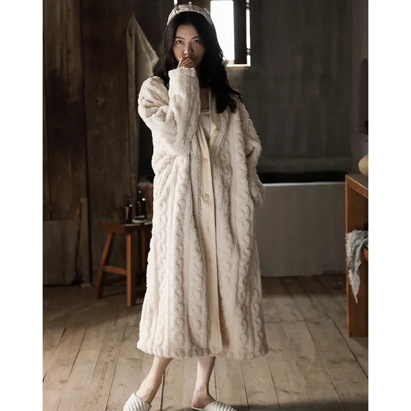 

Korea Style Women's Winter Bathrobe Solid Long Sleeve Ladies Sleepwear Single Breasted Fleece Warm Thick Pajama for Female