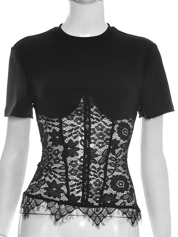 Fantoye Ronde Hals Sexy See Through Kant Patchwork Vrouwen Tops Korte Mouw Bloemen T-shirts Vrouwelijke Lente Slanke Casual Streetwear