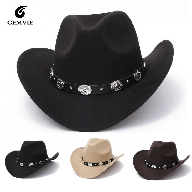 New Vintage Western Women Cowboy Hat For Men Wide Brim Cowboy Jazz Cap With Leather Belt Sombrero Cap Four Seasons