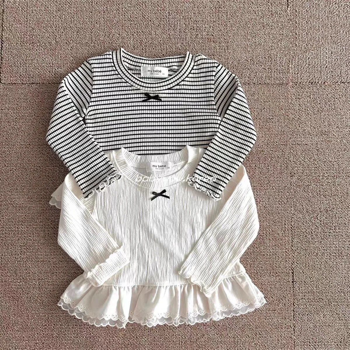 

Korean Version Ins Girls' T-shirt Spring and Autumn Style White Striped Bell Bottom Pants Children's Clothing Children Clothing