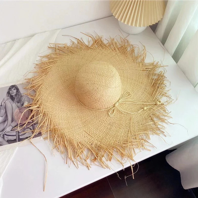 New Women's High Quality Natural Rafia Handwoven Straw Hat Holiday Sun Hat Wide brim Panama Fashion Ribbon Travel Beach Hat