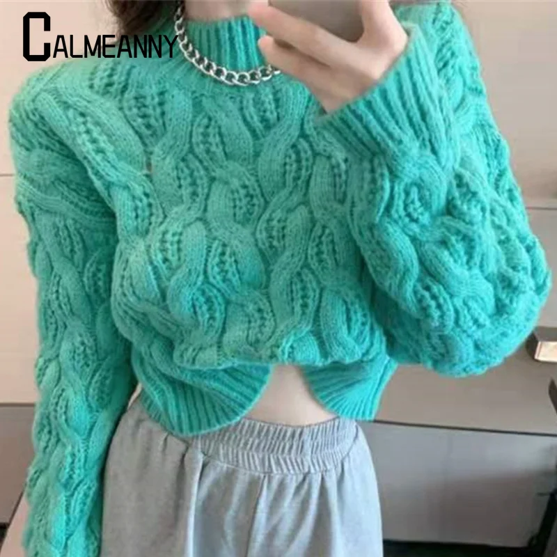 Spring Autumn Ladies Sweaters Classy Preppy Style Cropped Pullovers Women Lovely Vintage Soft Mock Neck Daily Solid Long Sleeve