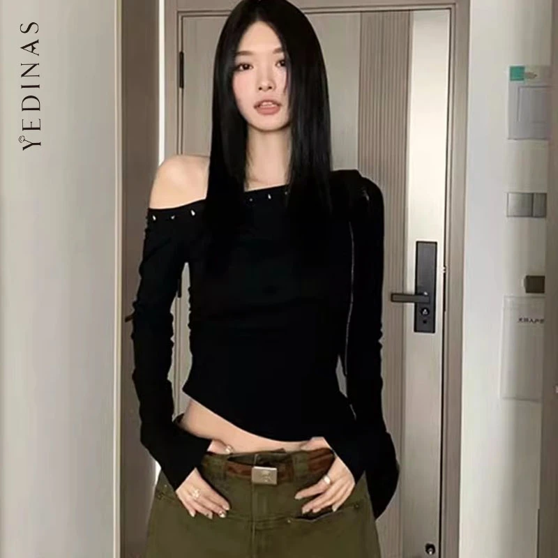 Yedinas Streetwear Black Rivet Off Shoulder T Shirt Women Clothes Long Sleeve Korean Fashion Tees Female Clothing T-shirt Chic
