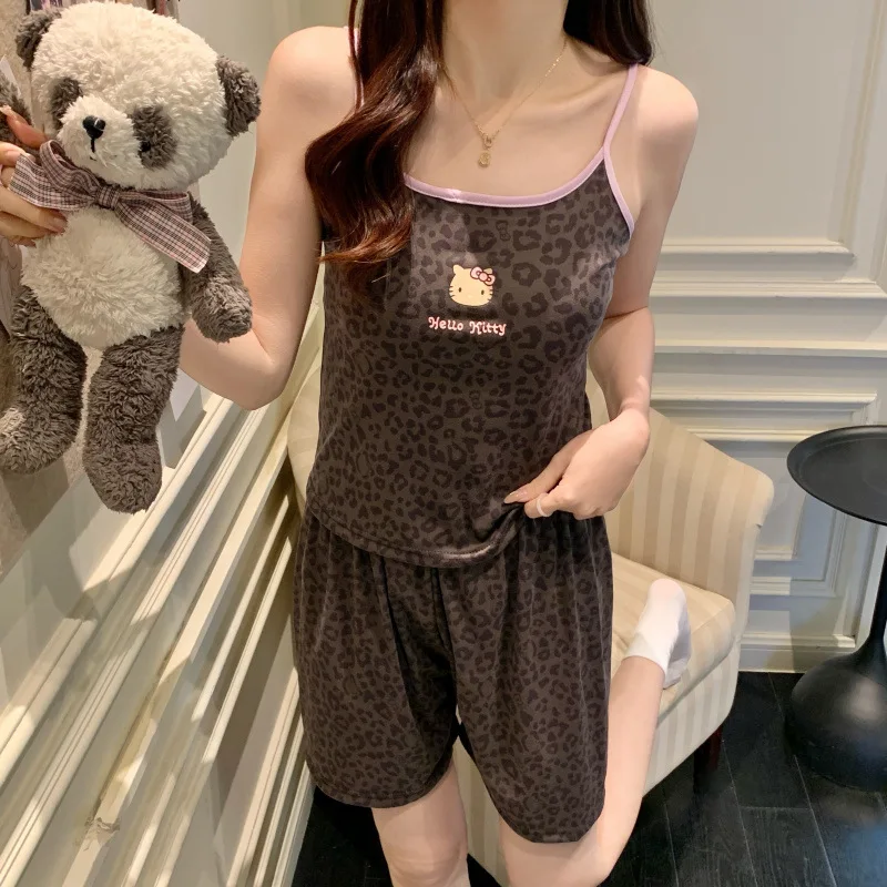 

2Pcs Women's Hello Kitty Pajamas Set Summer None Breast Pad Tank Top Breathable Elastic Sling Sanrio Cute Girl Anime Homewear
