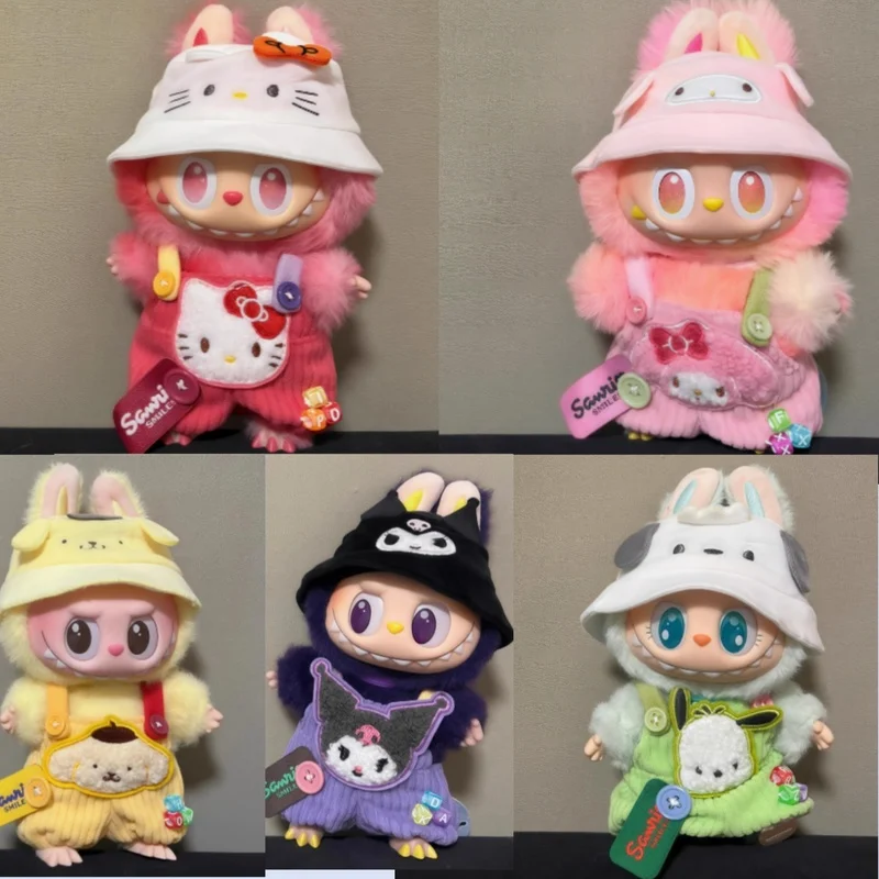 

17cm Labubu Doll Clothes Transformed Into Hello Kitty V1v2v3 Doll Overalls Hat Set Cute Kuromi Melody Doll Accessories Gift