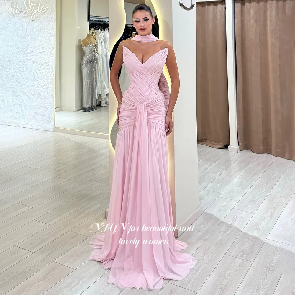 Sukienka na bal NFYN Syrenka z szalem Różowe sukienki na imprezę Szyfonowa sukienka na formalne okazje dla kobiet vestidos Personalizowane