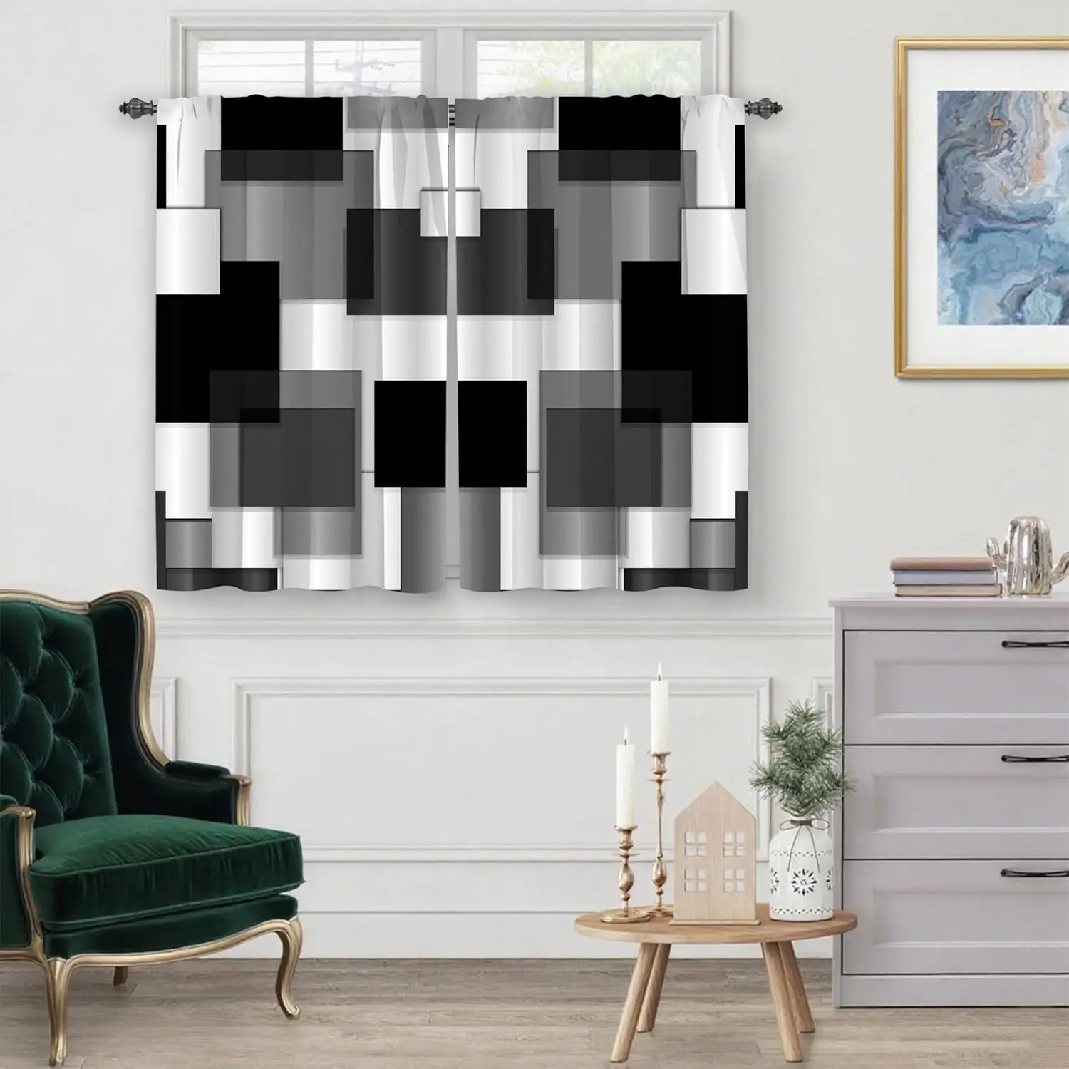 Modern Geometric Abstract Black White Monochrome Curtains Drapes 2pcs Pair Window Curtains for Living Room Bedroom Home Decor