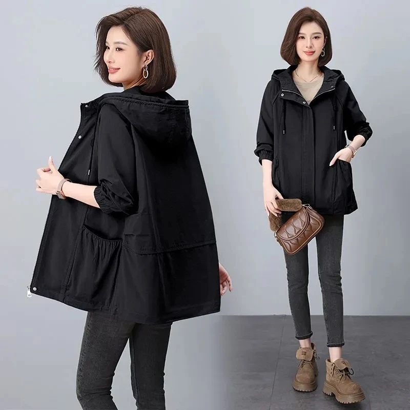 2025ฤดูใบไม้ผลิฤดูใบไม้ร่วงใหม่กลางความยาวTrench Coatsหลวมสบายๆผู้หญิงWindbreakerแขนยาวกระเป๋าHoodedแจ็คเก็ตแนวโน้ม