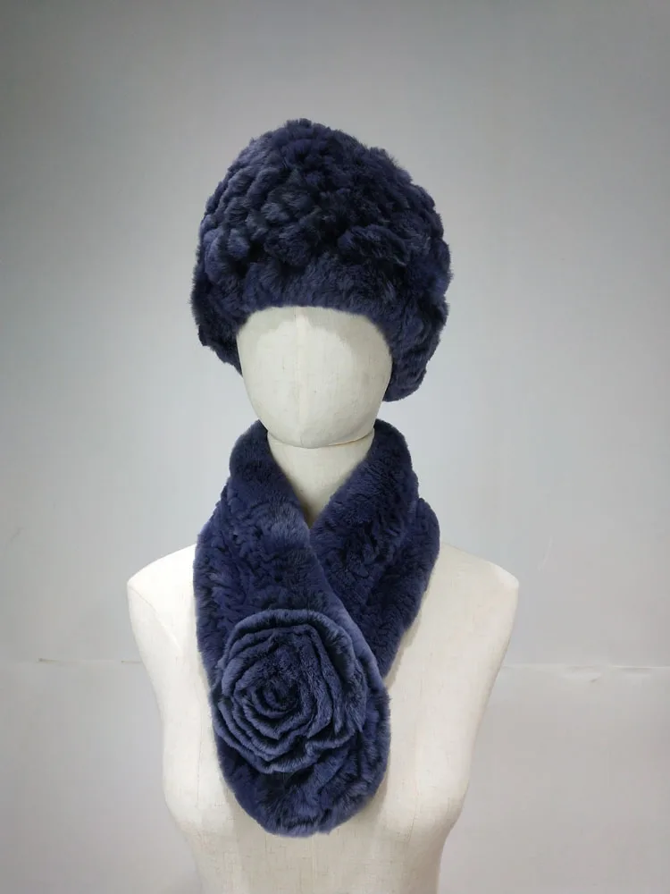 مجموعة وشاح قبعة من فراء أرنب ريكس الطبيعي للنساء، تصميم وردي شتوي محبوك لتدفئة الرقبة إكسسوارات دافئة وناعمة ومريحة