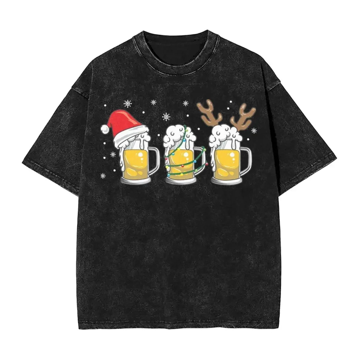 

Рождественские пивные кружки Reinbeer Santa Hat Xmas Washed Футболка Уличная футболка Мужчины Женщины Хлопок Harajuku Лето
