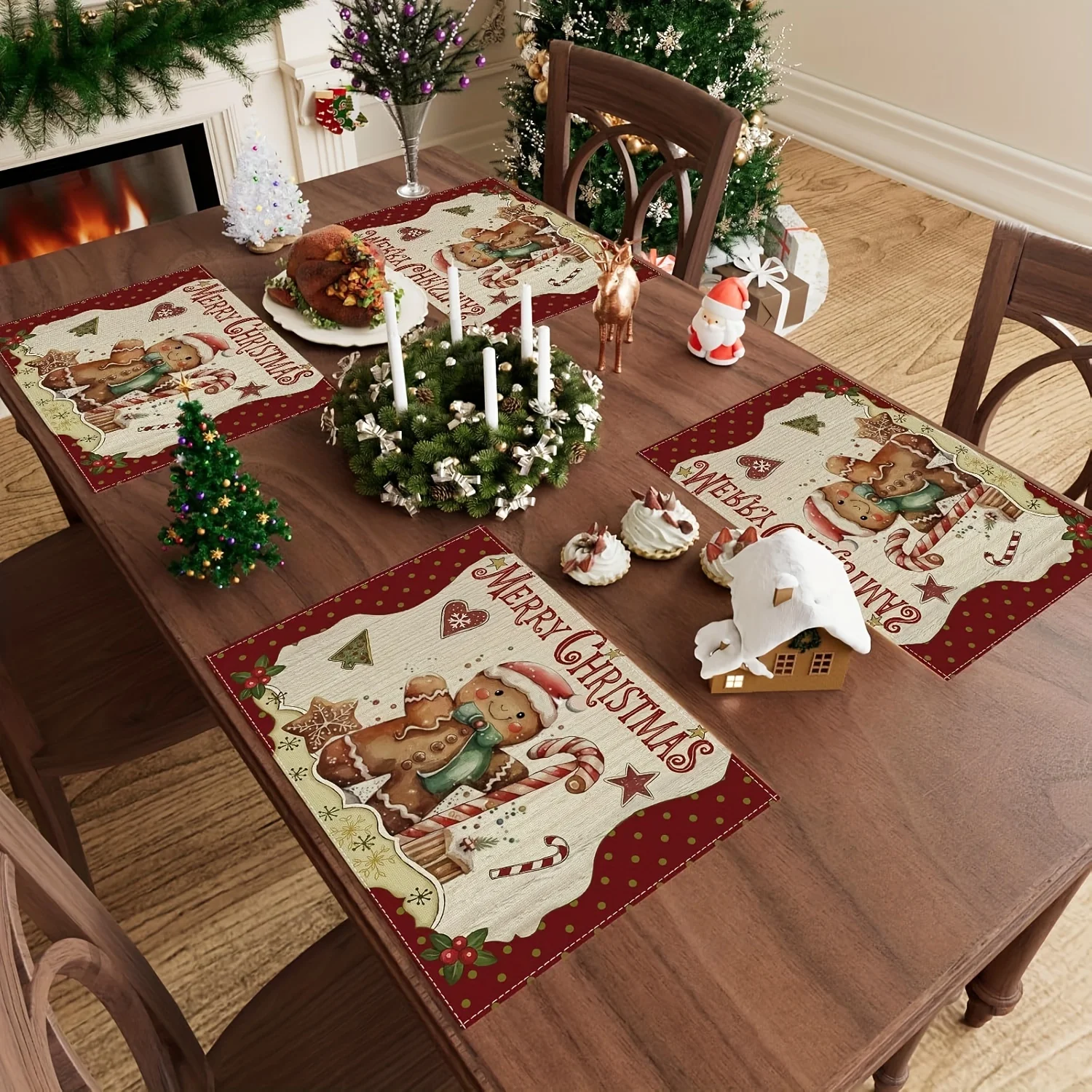 Lebkuchenmann, rot, Frohe Weihnachten, Tischsets, Polyester-Tischsets, festliche Feiertags-Tischdekoration, Abdeckung für Zuhause, Küche, Esszimmer