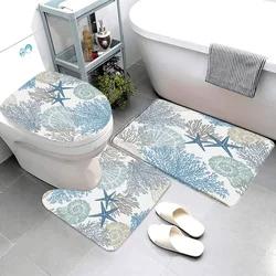 Starfish Seashell Coral Beach Theme Bathroom Rug Set Nautical Coast Underwater Creature Pattern Bath Mat Toilet Mat Bathtub Deco