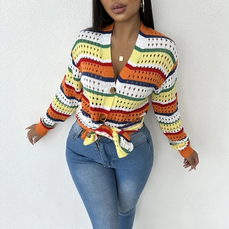 Hollow Out Colorful Striped Patchwork Knitted Sweater Women Long Sleeve Single Breasted Casual Cardigan Streetwear Coats Outfits