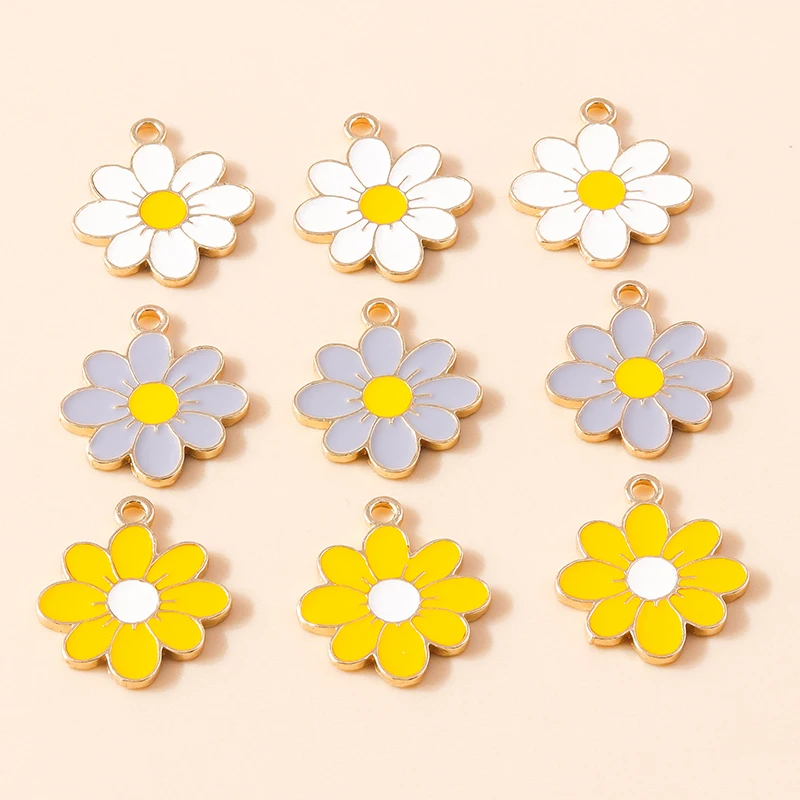 Leslie 10 Stück Emaille-Anhänger in Weiß und Gelb mit Gänseblümchen-Motiv für die Herstellung von Halsketten, Ohrringen, Armbändern, Charms, DIY-Schmuckzubehör – Detail 15