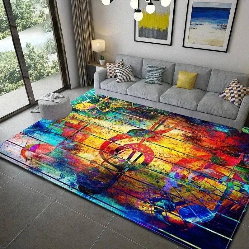 Living Room Rug Glowing Musical Staff Waves Printed Large Rectangular Carpet Scattered Notes Sharp Symbols Deep Ocean Blue Base