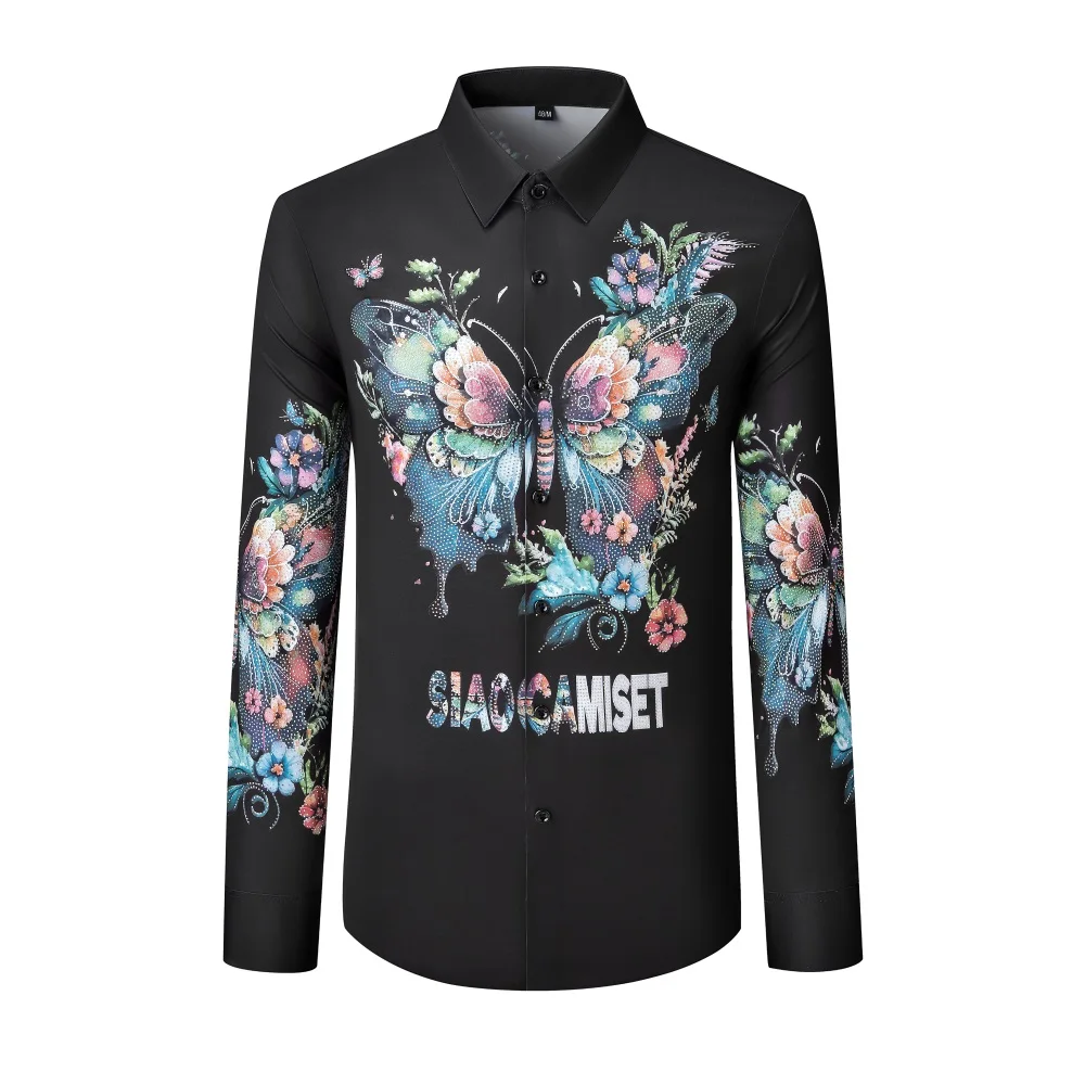 Luxury Butterfly Diamond Shirt Men High End Business Social Shirt Long Sleeve Slim Banquet Party Nightclub Performance Costumes
