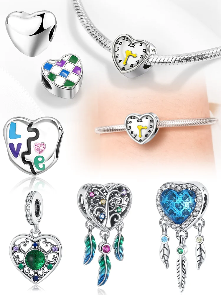 Charms Plata Heart Dreamcatcher Clock Silver Plated For Charms Silver Plated Original Bracelet for Jewelry Making