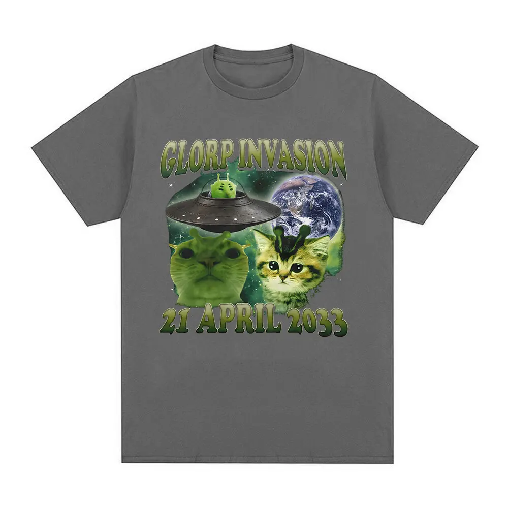 Glorp Invasion Funny Alien Cat T-shirt Cats Lover Gift Meme T Shirts Unhinged Weird Brainrot Kitten Cotton Short Sleeve T-Shirts