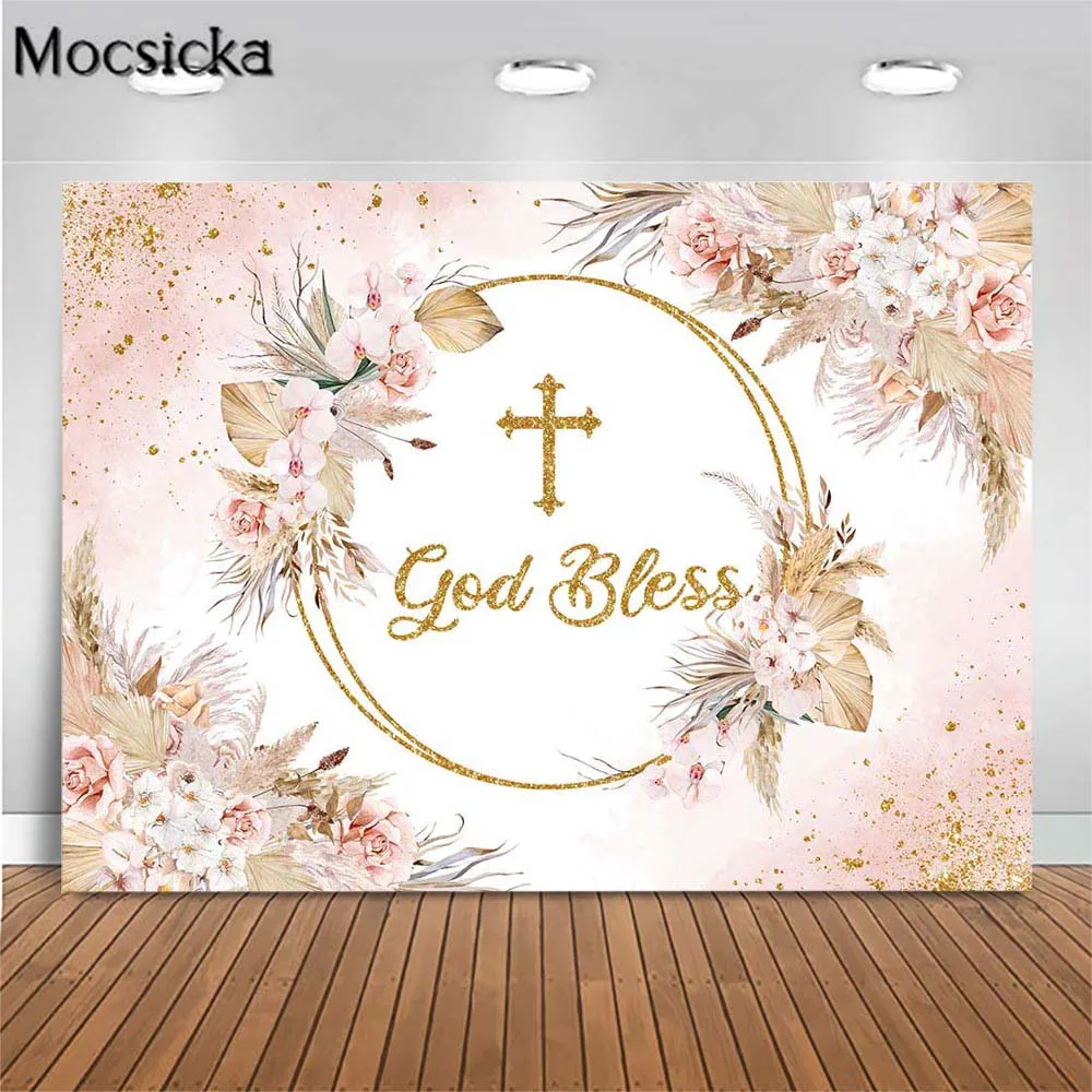 Mocsicka Bohemian Newborn Baptism Photo Background Cross Boho Flower Girl First Holy Communion Backdrop Custom Christening Decor