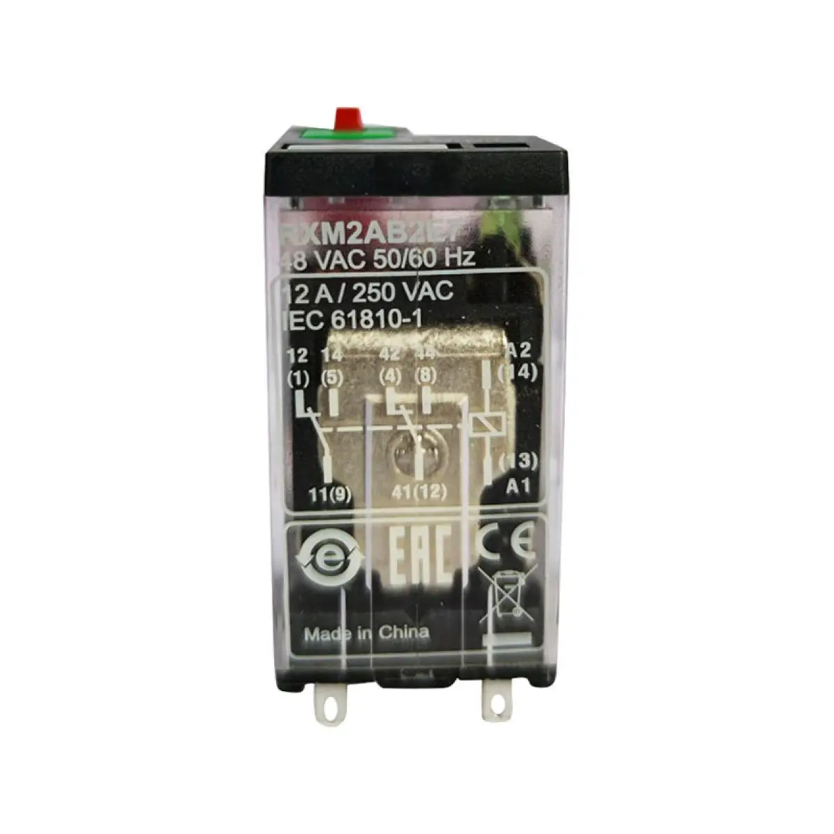 RXM2AB2E7 miniature plug in relay, Harmony Electromechanical Relays, 12A, 2CO, with LED, lockable test but to n, 48V AC