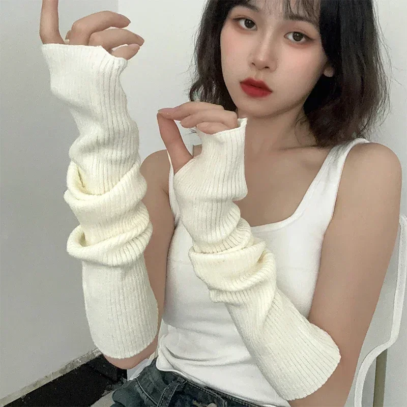 White Y2K Lolita Style Long Fingerless Gloves Women Winter Arm Warmer Knitted Arm Sleeve Casual Soft Girls Punk Gothic Mittens