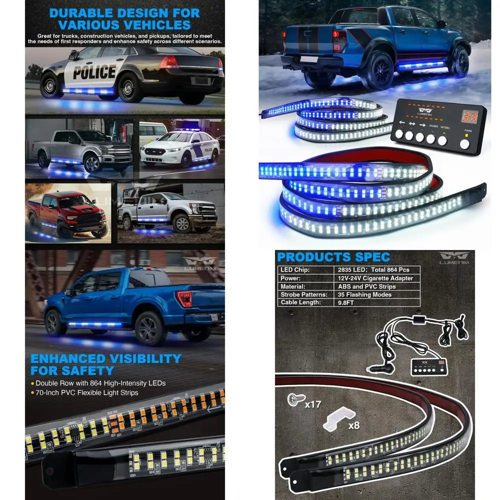 

70-Inch LED Emergency Strobe Lights, Flexible Running Board Lights, White & Blue, Suitable for Law Enforcement Vehicles, Trucks,