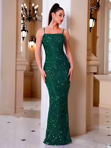 Sleeveless Green Sequined Evening Party Dress Simple Slim Fit Long Prom Gown