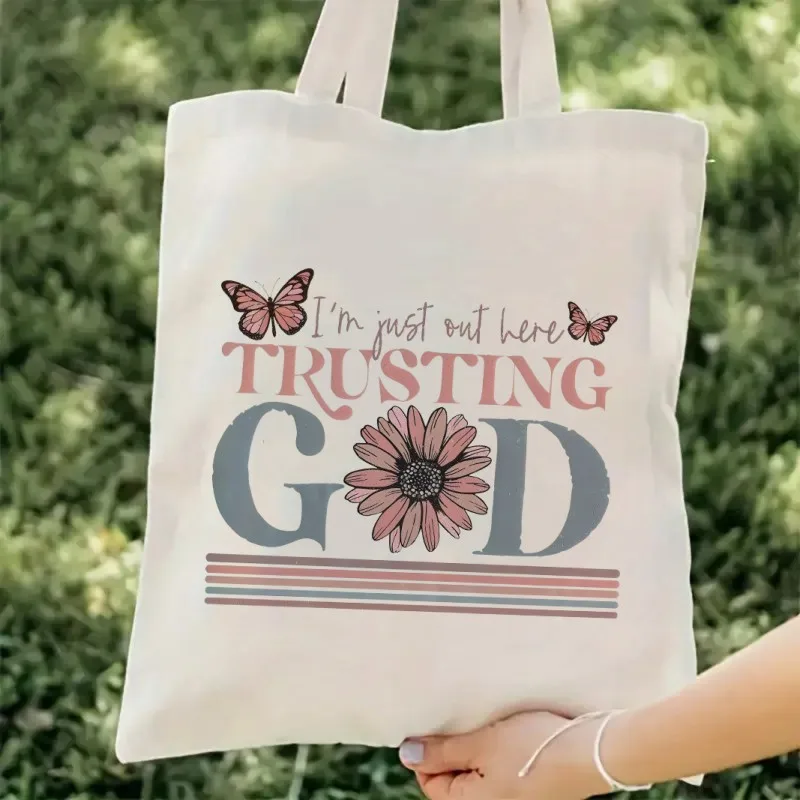 Jesus Print Canvas Tote Bag, Library Book Bag for Book Lovers, Booktrovert Black Handbag
