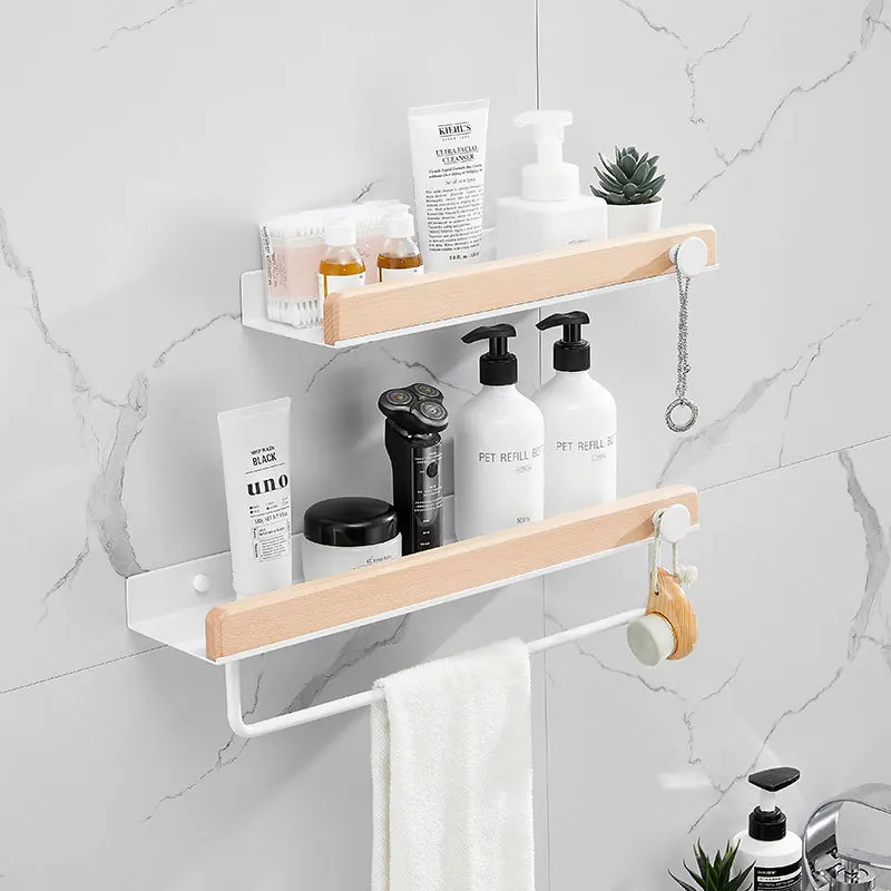 Massief Houten Badkamerplank Geen Boor Organizer Douche Opbergrek Hoekplanken Wandgemonteerde Toiletshampoo Houderaccessoires