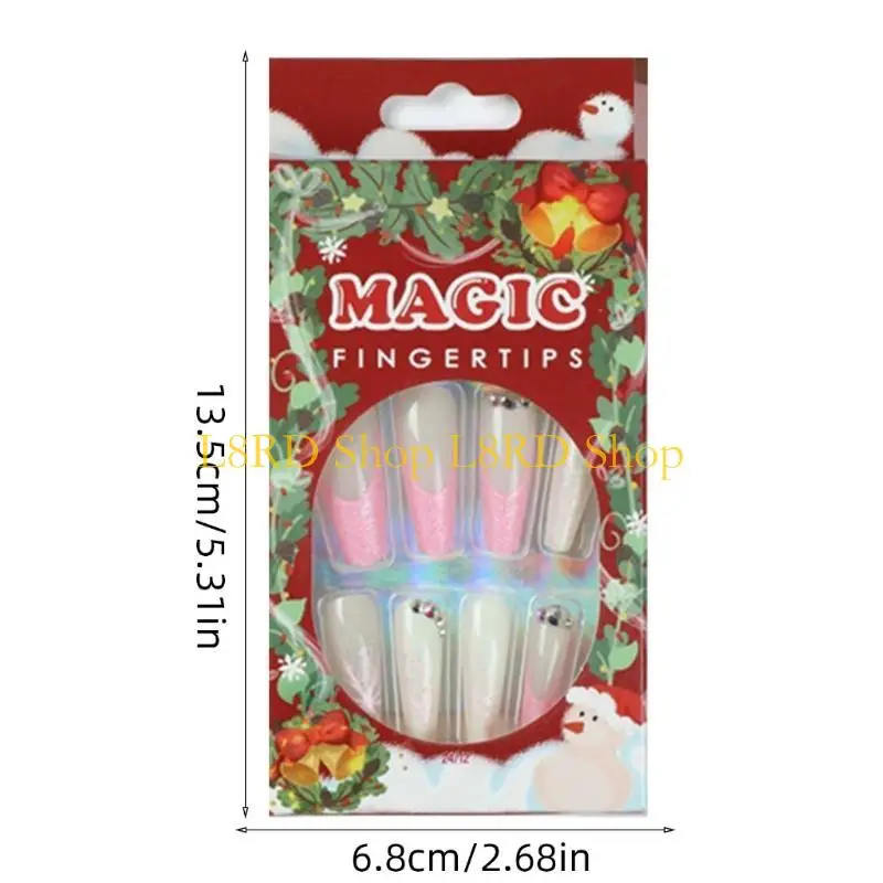 l8rd 24ピースフレンチチップネイルロングプレスオンネイルラインストーンデザインネイルグロー