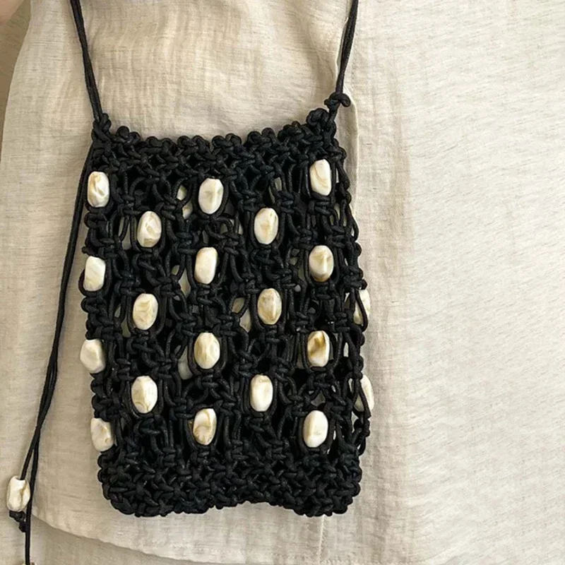 Handgefertigte Hohlperlen-Handytasche aus Steinperlen, Bohemian Crossbody-Tasche für Damen mit gewachstem Seil, Sommer-Strand-Urlaubs-Reisetasche – Detail 5